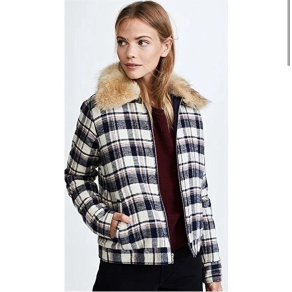 Jenni Kayne Fur Collar Plaid Flannel Bomber Jacket Size Small